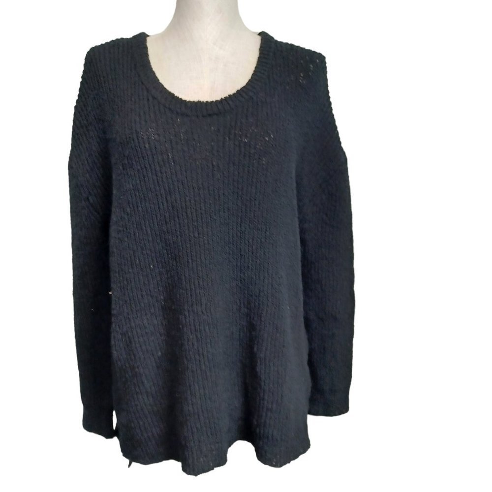 Soft Surroundings Black Cotton Blend Ribbed Scoop Neck Oversized Sweater 57657 L